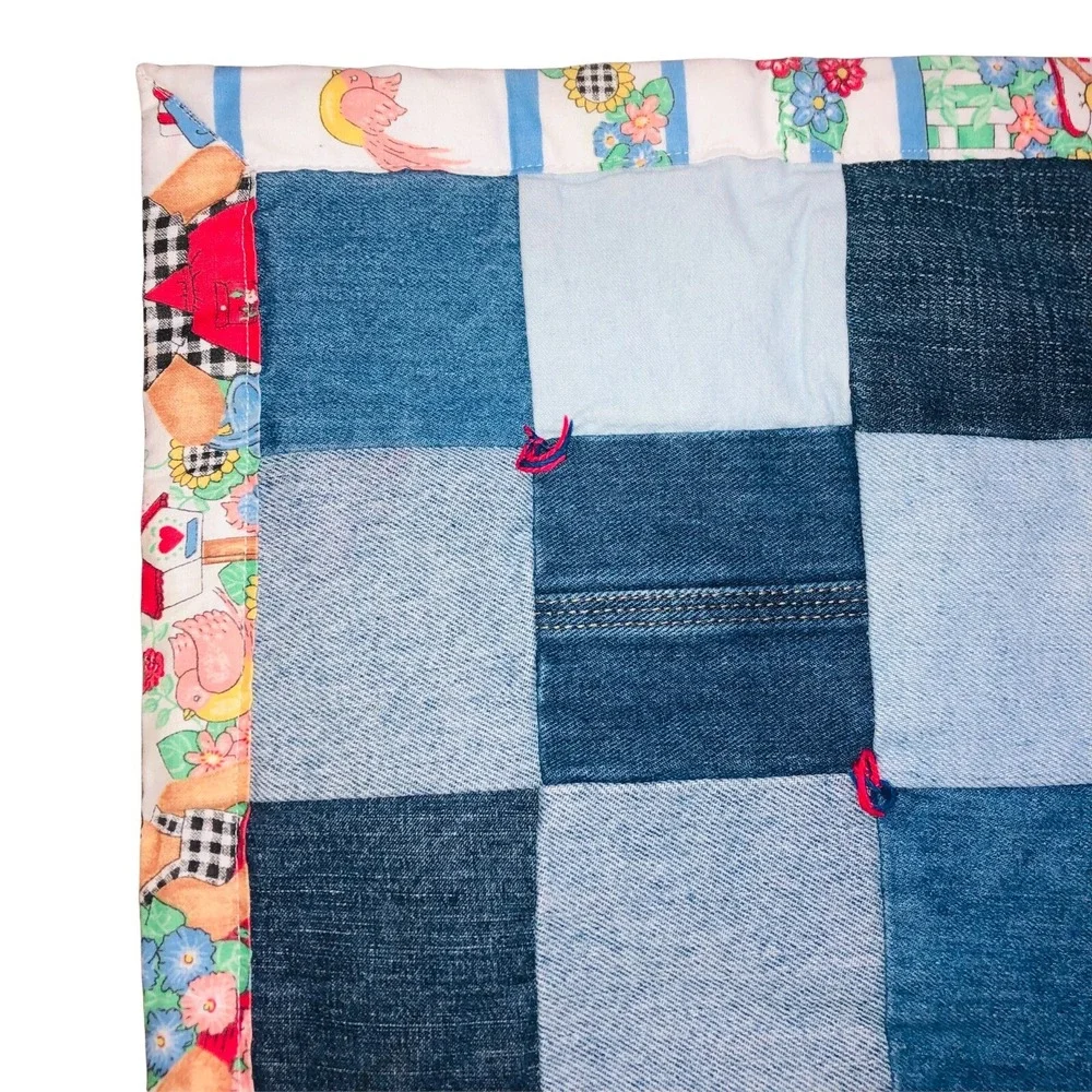 VTG Rag Denim Jean Baby Quilt Blanket 2 Sided Bears Flower Upcycled Handmade